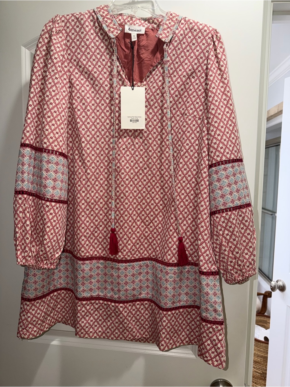 &merci  Red Patterned Midi Dress with Tassel Tie